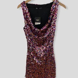 Zara Pink + Multicolor Sequin Stretchy Mini Dress NWT Size Small New Years Dress